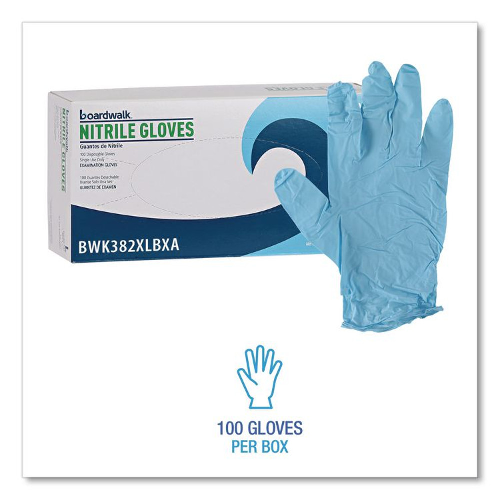 BOARDWALK 382XLCTA Disposable Examination Nitrile Gloves, Powder-Free, X-Large, 5 mil Thick, 9.5" Long, Blue, 100/Box, 10 Boxes/Carton