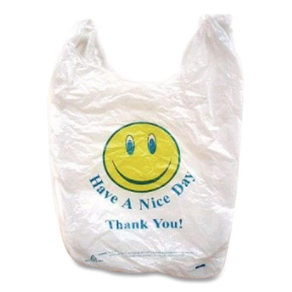 BROWN PAPER GOODS Barnes Company T1/6SMILEY Smiley Face Shopping Bags, Thank You - Have a Nice Day Labeling, Cut-Out Handles, 11.5" x 6.5" x 21", White/Red, 900/Carton
