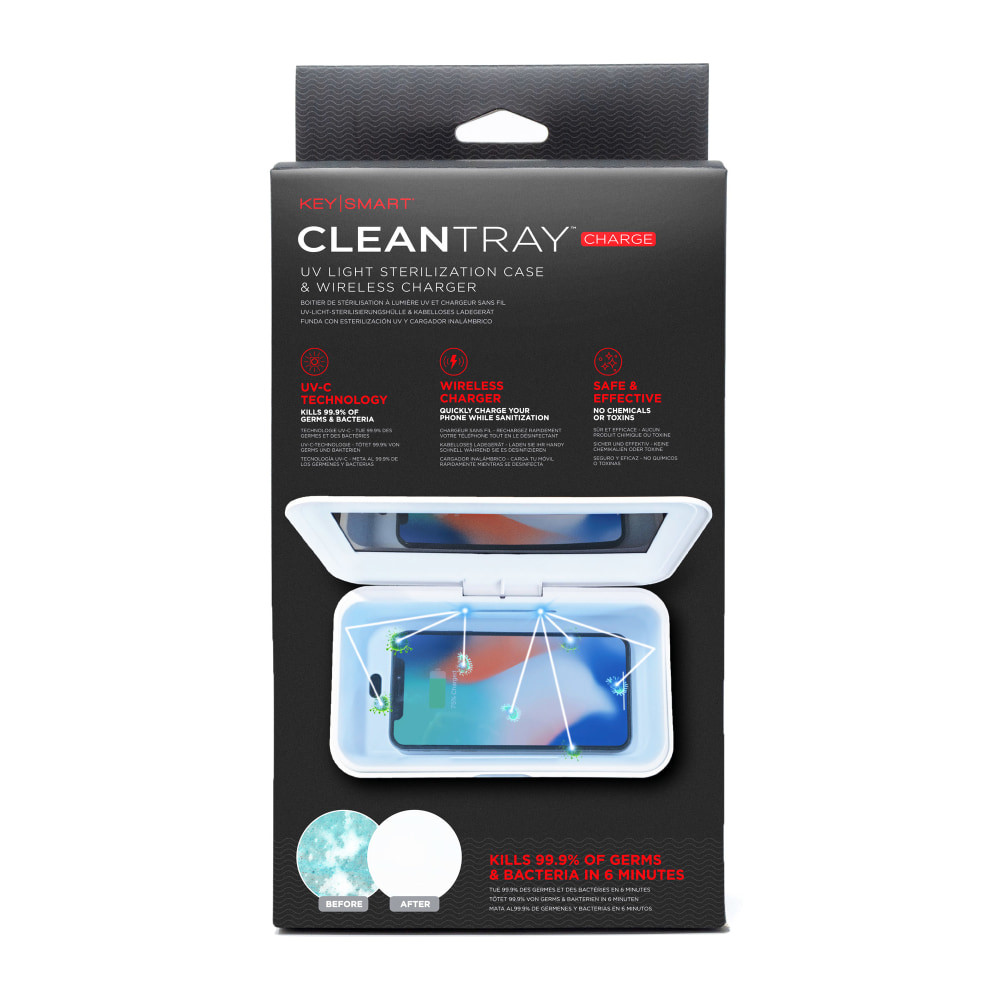 The CleanTray Charge Wireless Charging UV Light Sterilizer uses UV light to sterilize your phone and daily devices and includes a wireless charger to power your phone while it cleans.  Kills 99.9% of germs & bacteria in 5 minutes.  QI wireless charger charges your phone or airpods while it cleans.  10,000 hour lifespan.  Fits smartphones up to 7in, plus other essentials like your keys, wallet and airpods.  Portable and lightweight.  Add essential oils to infuse your belongings with calming scents.