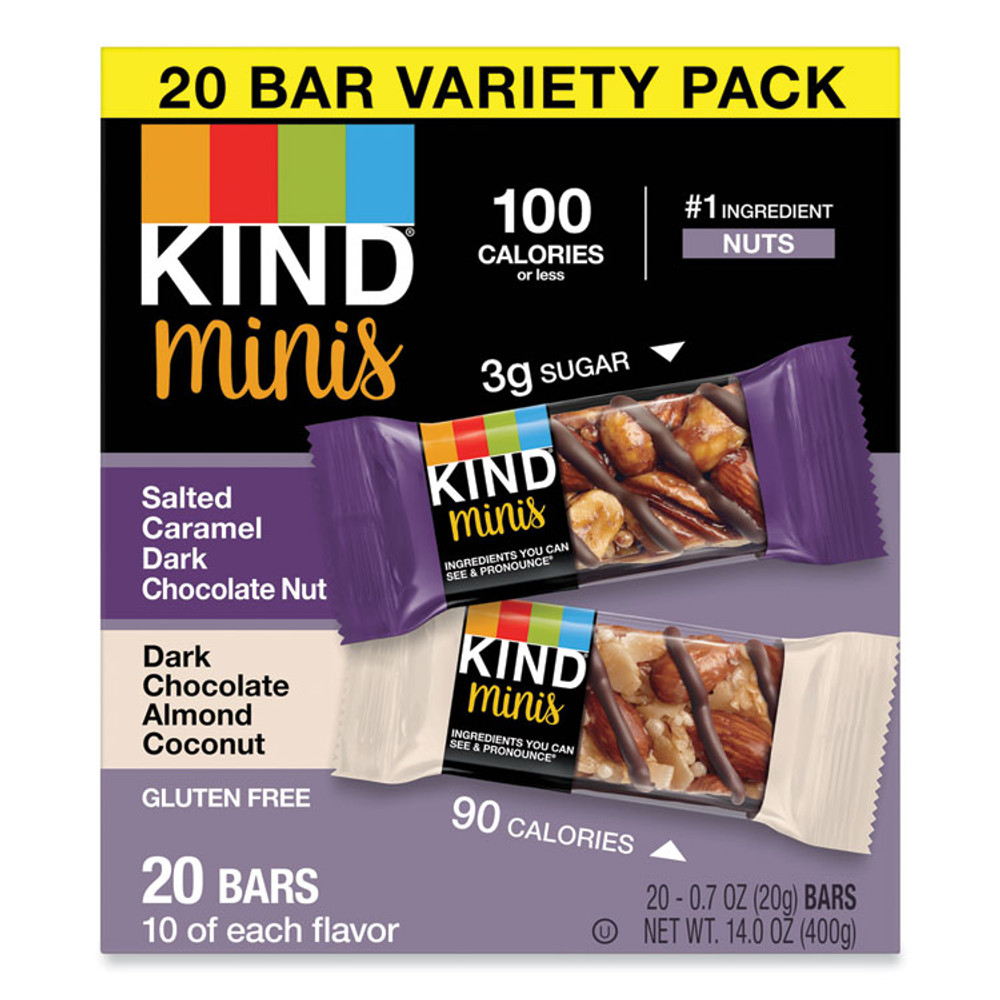 KIND LLC 27970 Minis, Salted Caramel and Dark Chocolate Nut/Dark Chocolate Almond and Coconut, 0.7 oz, 20/Pack