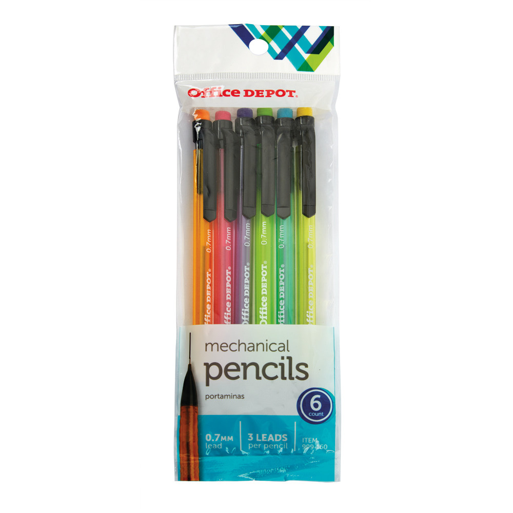Write down important information at home or in the office with these Office Deport HB mechanical pencils. The 0.7mm lead tip produces clear, consistent lines, while an eraser helps correct mistakes. The plastic barrel stands up to frequent use, and a built-in clip offers easy portability. These refillable Office Deport HB mechanical pencils boast a lightweight design and a ribbed grip for minimal writing stress and arrive in a pack to provide ample supply.  Plastic barrel with a ribbed grip.  Lightweight barrel design for comfortable handling.  Built-in eraser lets you correct errors.  0.7mm lead tip.  Pack of 6 Office Depot mechanical pencils.  Refillable - designed to be used repeatedly, helping you avoid single-use disposables and potentially save money.