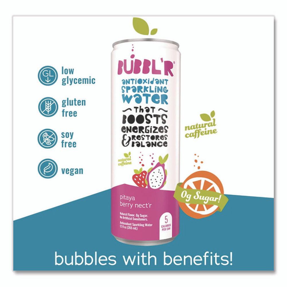 BUBBL'R WIC39978 Antioxidant Sparkling Water, Pitaya Berry Nect'r, 12 oz Can, 12 Cans/Carton