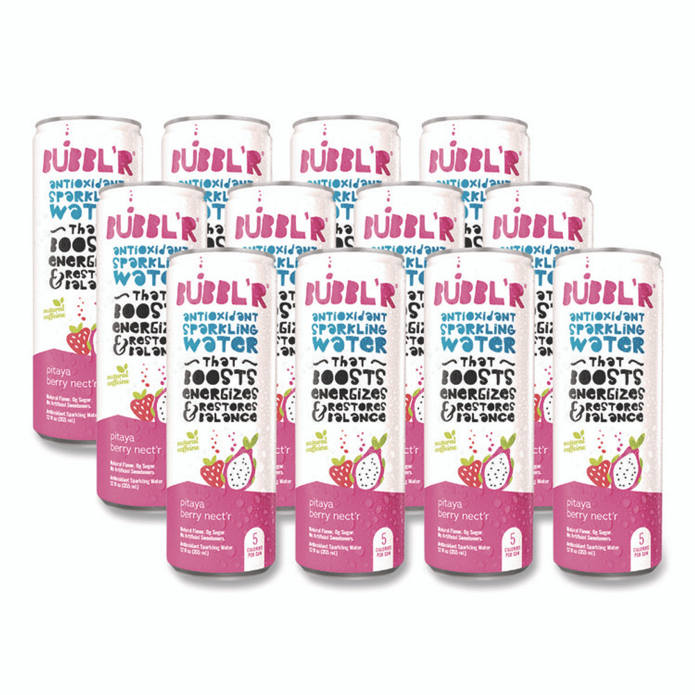 BUBBL'R WIC39978 Antioxidant Sparkling Water, Pitaya Berry Nect'r, 12 oz Can, 12 Cans/Carton