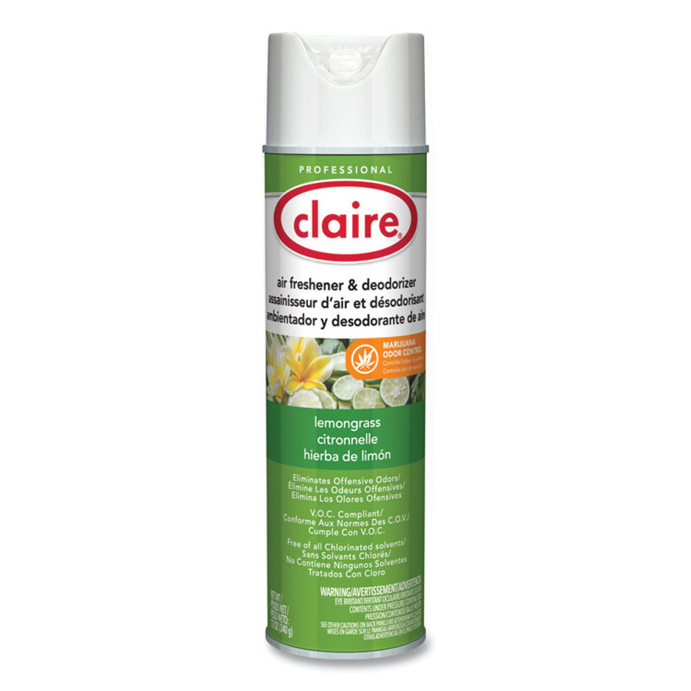 PLZ CORP Claire® 1307 Aerosol Air Freshener and Deodorizer, Lemongrass Citronella, 12 oz Aerosol Spray, 12 Cans