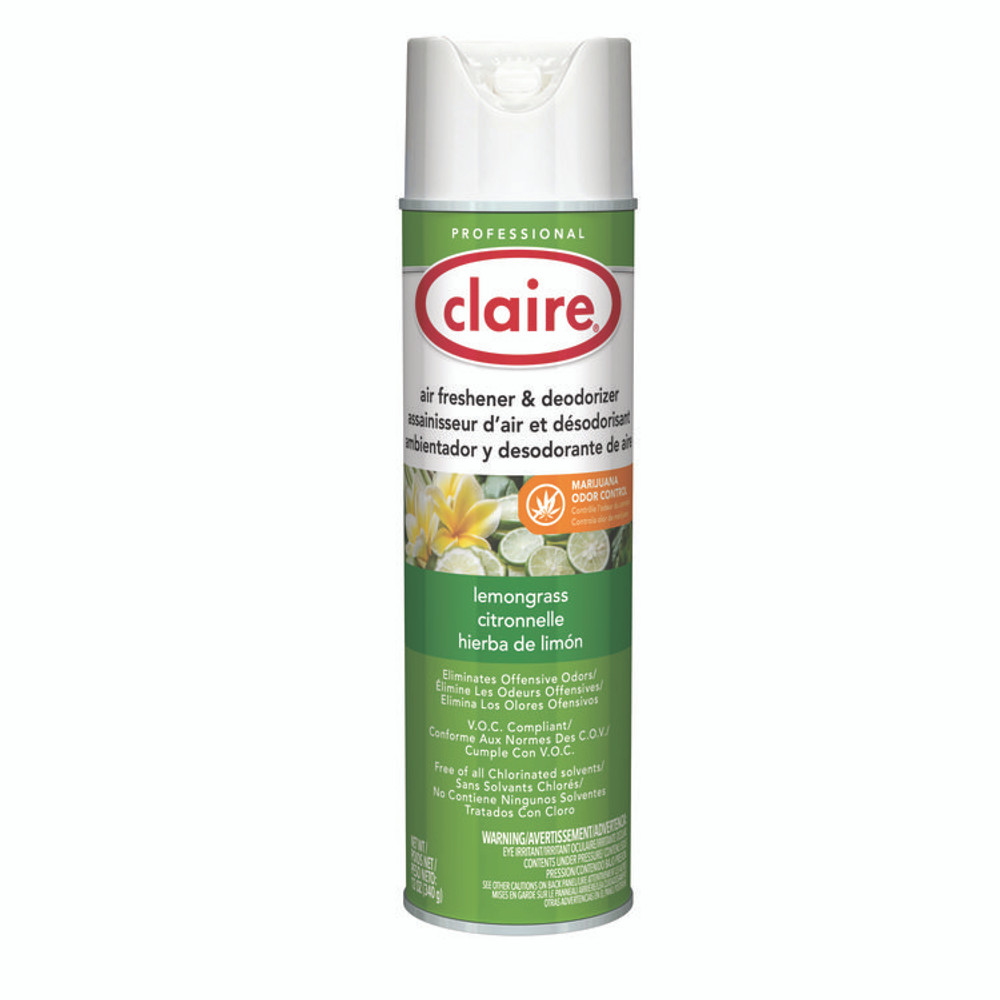 PLZ CORP Claire® 1307 Aerosol Air Freshener and Deodorizer, Lemongrass Citronella, 12 oz Aerosol Spray, 12 Cans