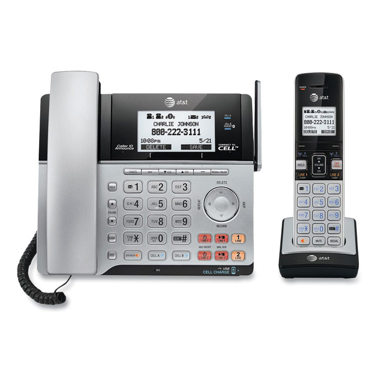 VTECH COMMUNICATIONS AT&T® TL86103 Connect to Cell TL86103 Two-Line Corded/Cordless Phone, Corded Base Station and 1 Additional Handset, Black/Silver
