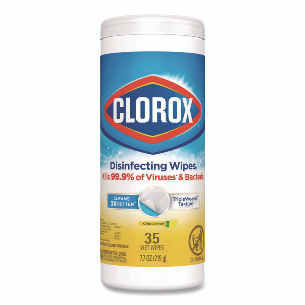 CLOROX SALES CO. 01594EA Disinfecting Wipes, Bleach Free Cleaning Wipes, 1-Ply, 7 x 8, Crisp Lemon, White, 35/Canister