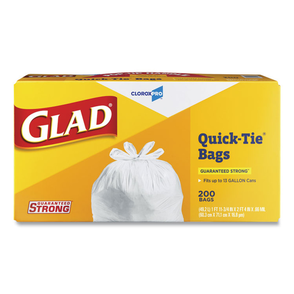 CLOROX SALES CO. Glad® 15931 Tall Kitchen Quick-Tie Bags, 13 gal, 0.66 mil, 23.75" x 28", White, 200/Box