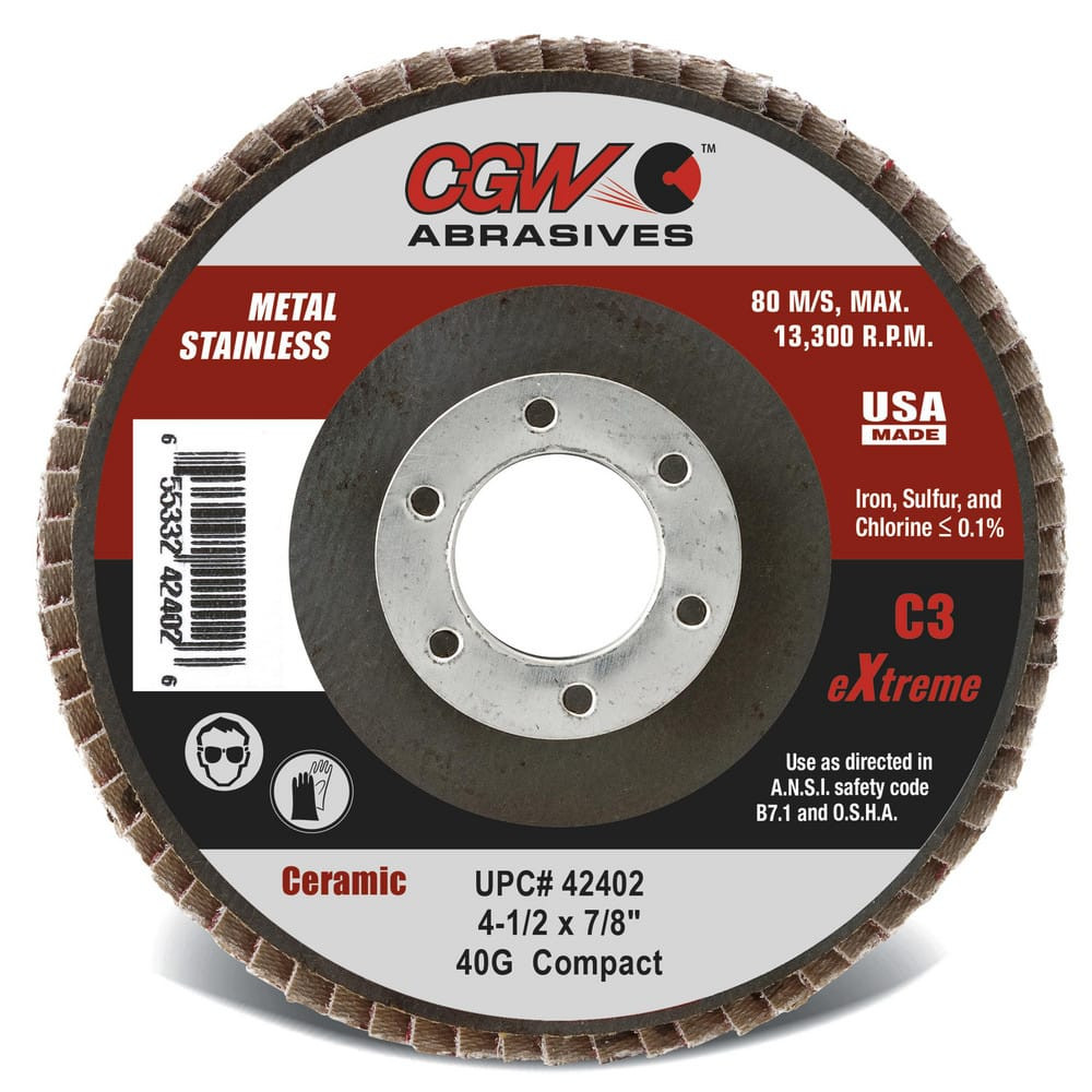 CGW Abrasives 42442 Flap Disc: 7/8" Hole, 40 Grit, Ceramic, Compact
