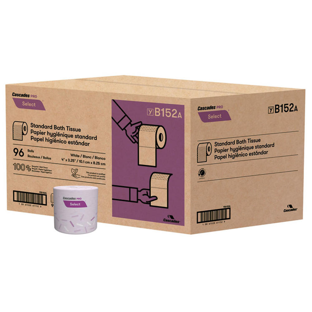 CASCADES TISSUE GROUP PRO B152 Select Standard Bath Tissue, Septic Safe, 1-Ply, White, 1,000 Sheets/Roll, 96 Rolls/Carton