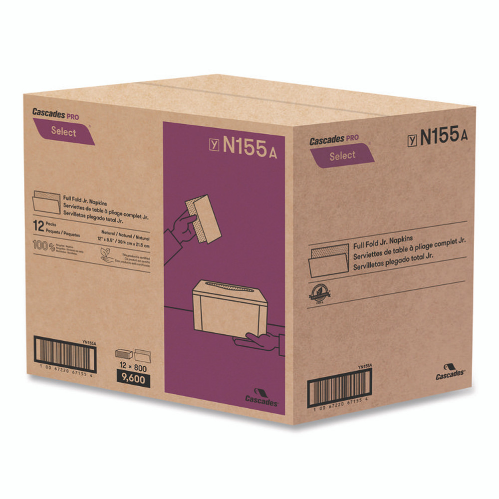 CASCADES TISSUE GROUP PRO N155 Select Full Fold II Napkins, 1-Ply, 12 x 8.5, White, 800/Pack, 12 Packs/Carton