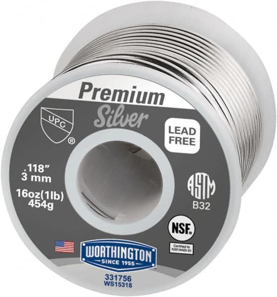 Worthington 331756 Premium Silver Lead-Free Solder: Silver, 0.118" Dia