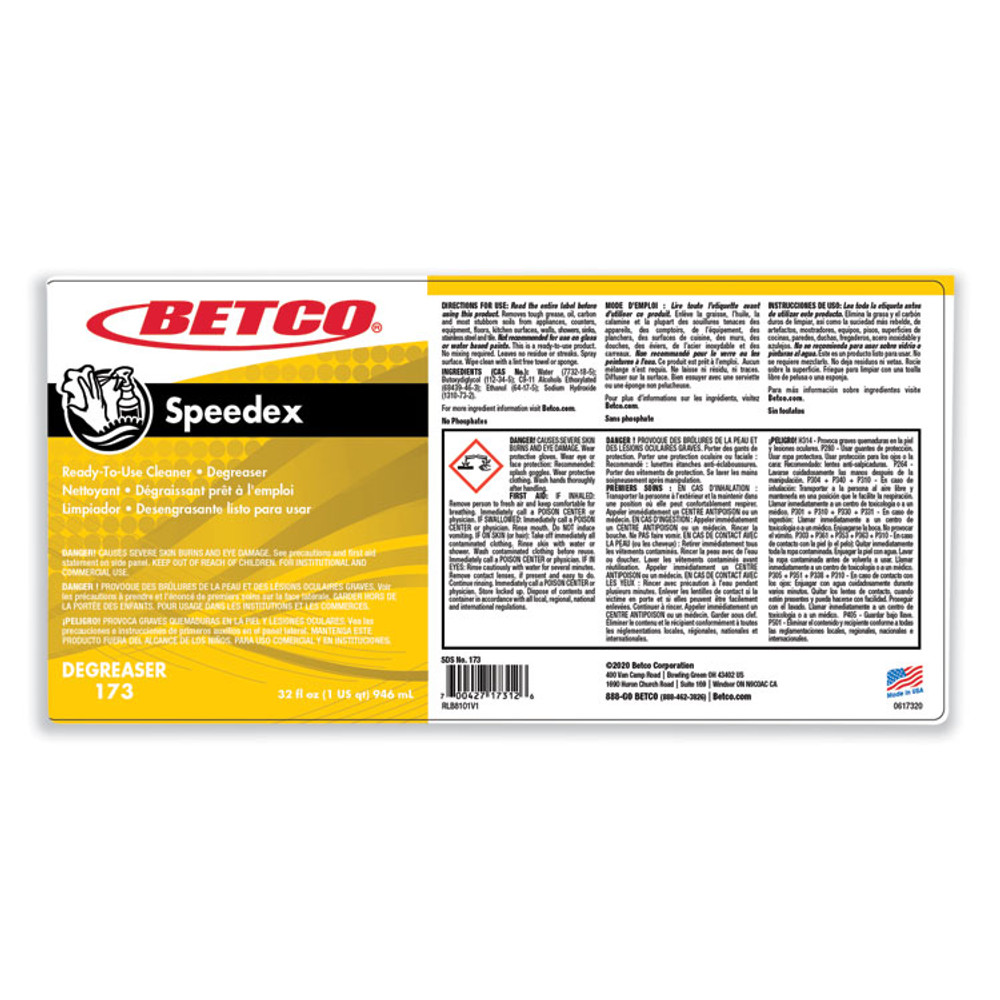 BETCO CORPORATION 1731200 Speedex Degreaser, Mint, 32 oz Spray Bottle, 12/Carton