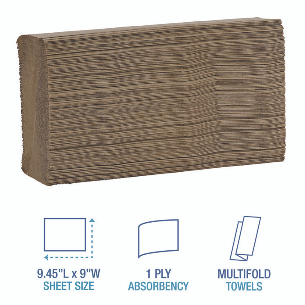 BOARDWALK 6202 Multifold Paper Towels, 1-Ply, 9 x 9.45, Natural, 250/Pack, 16 Packs/Carton