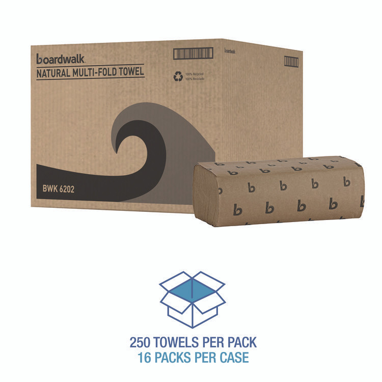 BOARDWALK 6202 Multifold Paper Towels, 1-Ply, 9 x 9.45, Natural, 250/Pack, 16 Packs/Carton