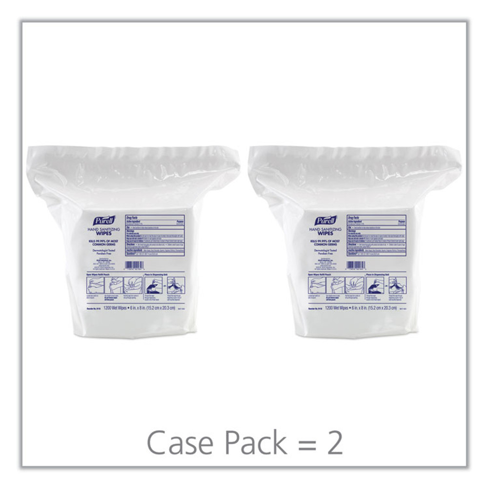 GO-JO INDUSTRIES PURELL® 9118-02 Hand Sanitizing Wipes, 6 x 8, Fresh Citrus Scent, White, 1,200/Refill Pouch, 2 Refills/Carton