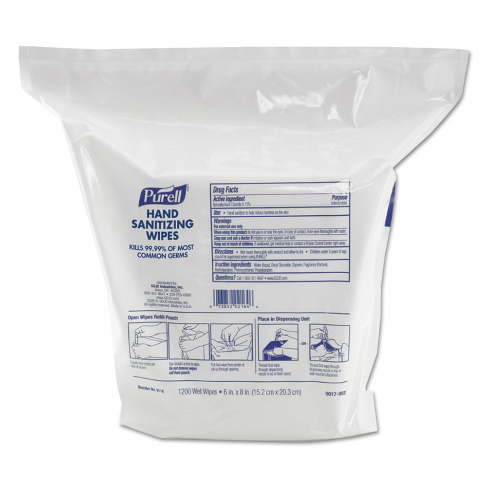 GO-JO INDUSTRIES PURELL® 9118-02 Hand Sanitizing Wipes, 6 x 8, Fresh Citrus Scent, White, 1,200/Refill Pouch, 2 Refills/Carton