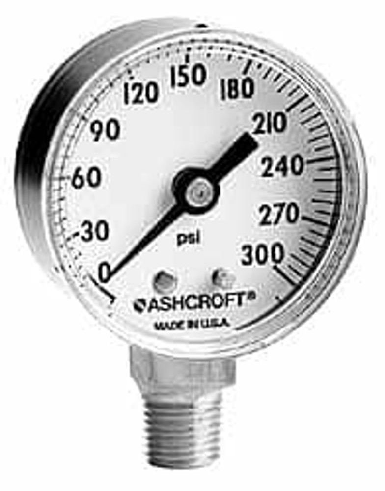 Ashcroft 662876122905 Pressure Gauge: 2-1/2" Dial, 300 psi, 1/4" Thread, NPT, Lower Mount