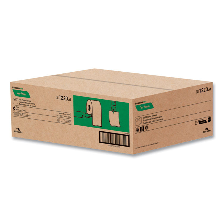 CASCADES TISSUE GROUP PRO T220 Perform Hardwound Roll Towels for Tandem Dispensers, 1-Ply, 7.5" x 1,050 ft, Ultra White, 6/Carton