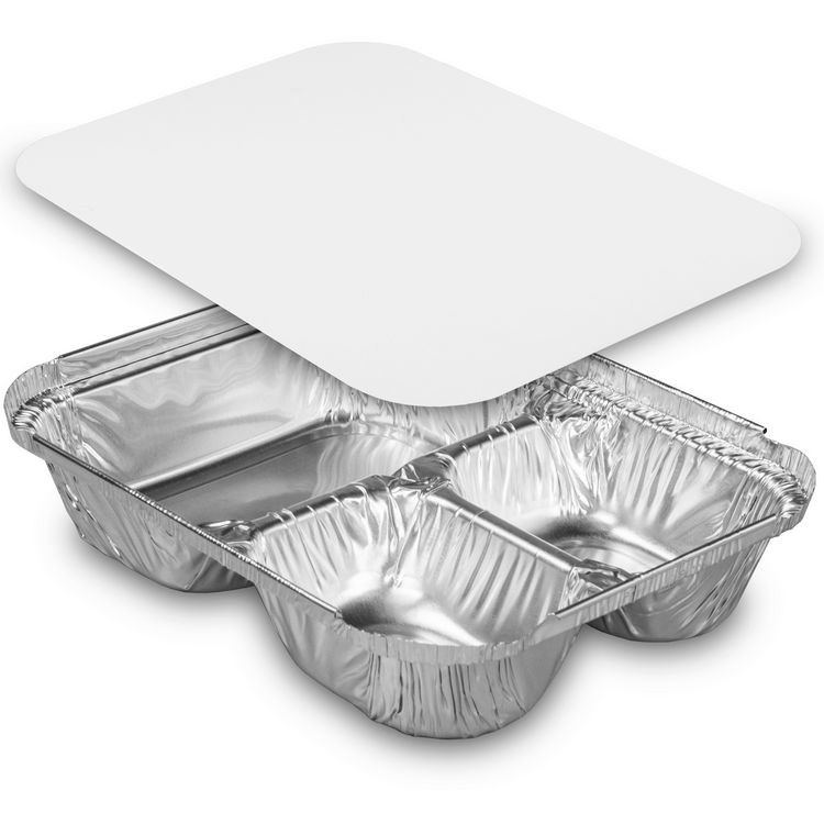HFA INC 204500 Three-Compartment Oblong Food Container, 24 oz, 6.38 x 1.47 x 8, Silver, Aluminum, 500/Carton