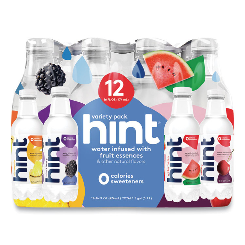 HINT, INC. 00149 Flavored Water Variety Pack, 3 Blackberry, 3 Cherry, 3 Pineapple, 3 Watermelon, 16 oz Bottle, 12 Bottles/Carton