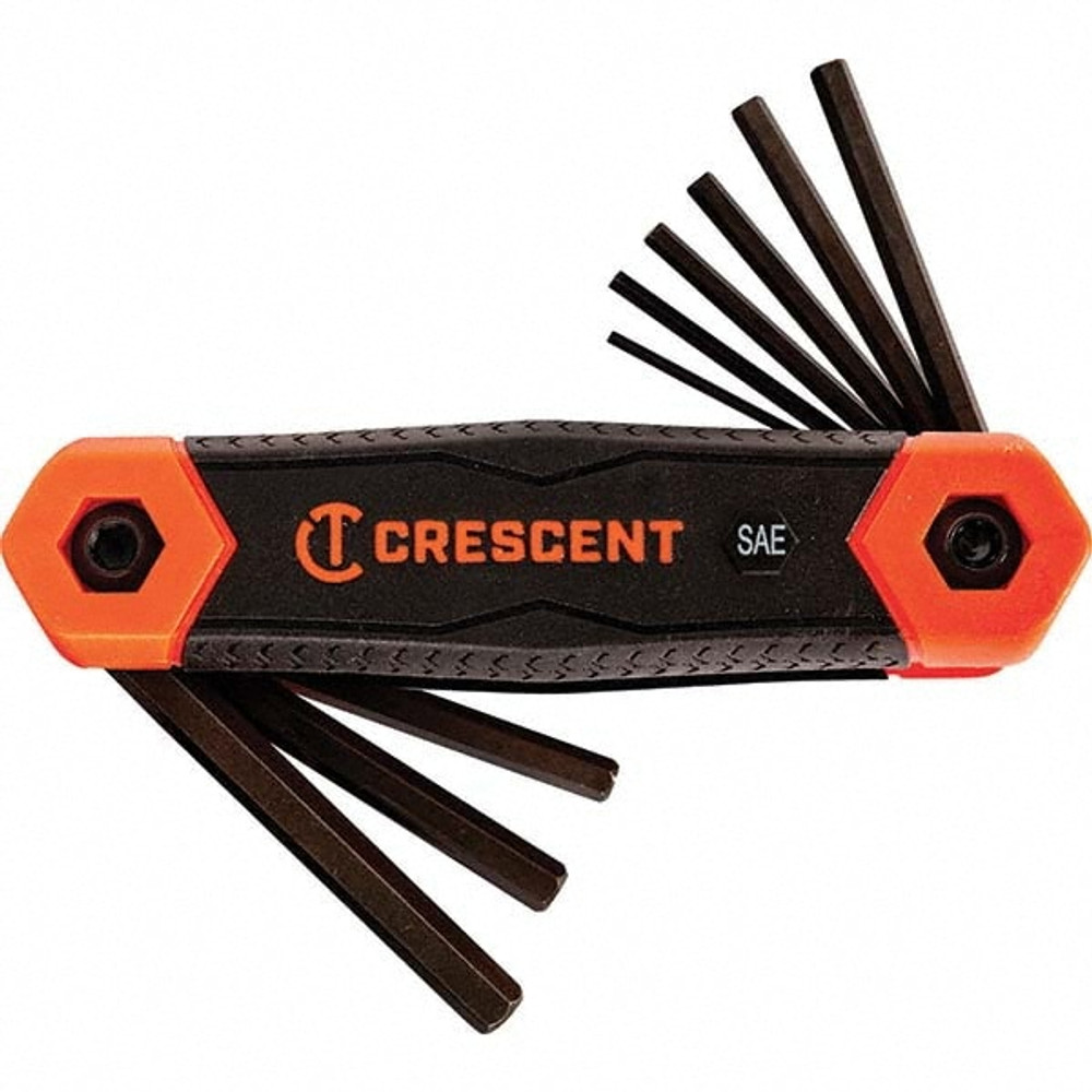 Crescent CHKFSAE9 Hex Key Sets; Ball End: Yes ; Tool Type: Hex Key ; Handle Type: Folded ; Measurement Type: SAE ; Hex Size: 1/4 in; 1/8 in; 3/16 in; 3/32 in; 5/32 in; 5/64 in; 7/32 in; 7/64 in; 9/64 in ; Hex Size Range (Inch): 5/64 - 1/4