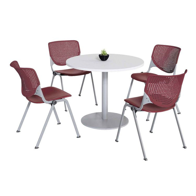 KFI STUDIOS 811774036672 Pedestal Table with Four Burgundy Kool Series Chairs, Round, 36" Dia x 29h, Designer White