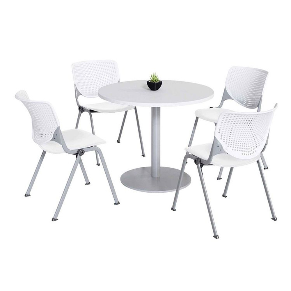 KFI STUDIOS 811774036689 Pedestal Table with Four White Kool Series Chairs, Round, 36" Dia x 29h, Designer White