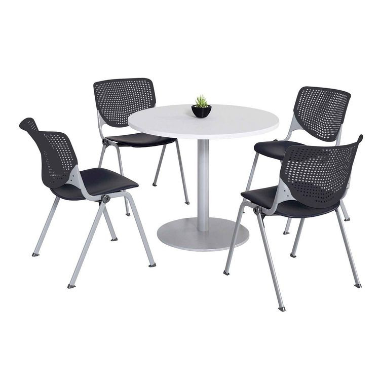 KFI STUDIOS 811774036696 Pedestal Table with Four Black Kool Series Chairs, Round, 36" Dia x 29h, Designer White