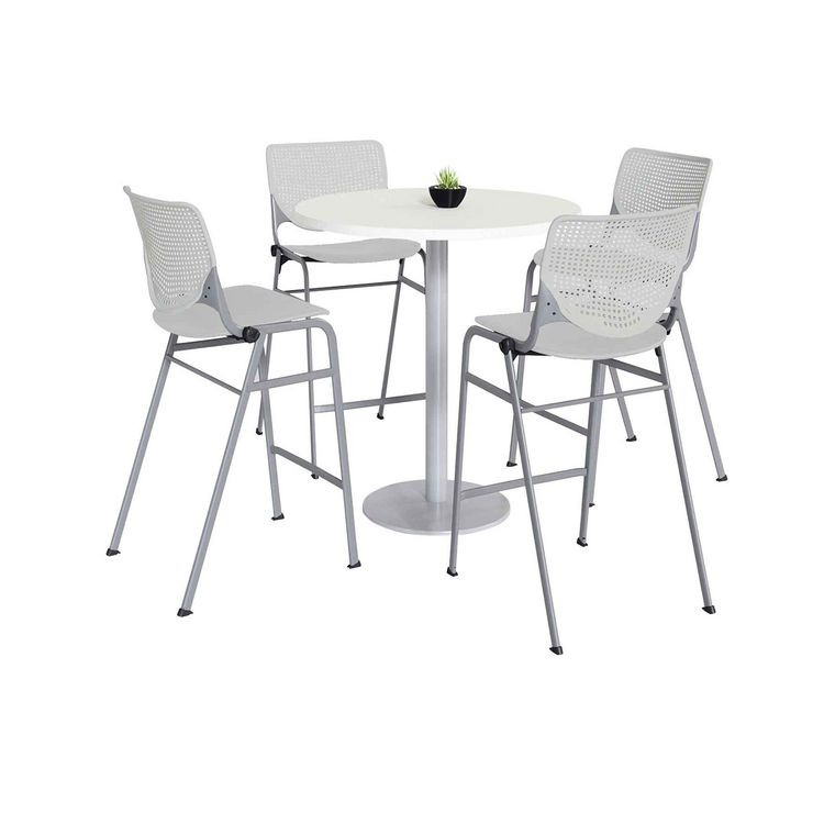 KFI STUDIOS 811774037105 Pedestal Bistro Table with Four Light Gray Kool Series Barstools, Round, 36" Dia x 41h, Designer White