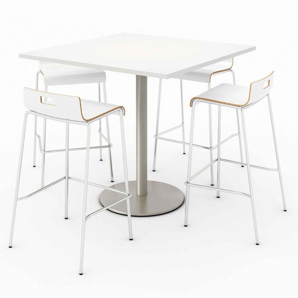 KFI STUDIOS 811774039918 Pedestal Bistro Table with Four White Jive Series Barstools, Square, 36 x 36 x 41, Designer White