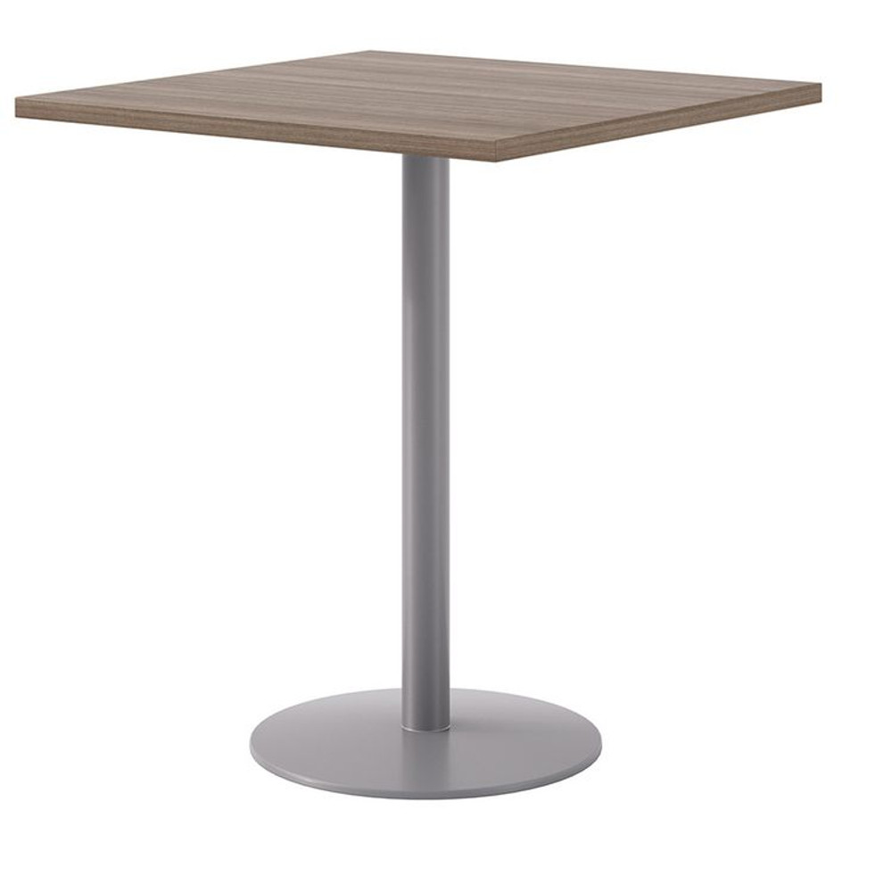 KFI STUDIOS 811774039932 Pedestal Bistro Table with Four White Jive Series Barstools, Square, 36 x 36 x 41, Studio Teak