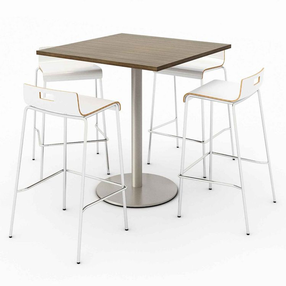 KFI STUDIOS 811774039932 Pedestal Bistro Table with Four White Jive Series Barstools, Square, 36 x 36 x 41, Studio Teak