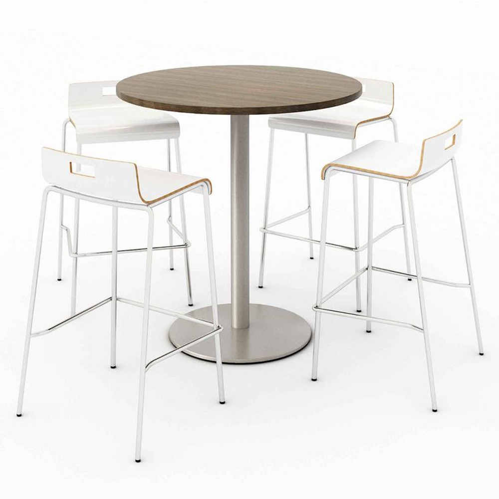 KFI STUDIOS 840031900142 Pedestal Bistro Table with Four White Jive Series Barstools, Round, 36" Dia x 41h, Studio Teak