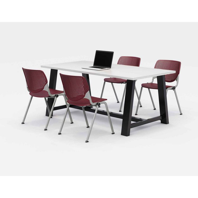 KFI STUDIOS 840031900258 Midtown Dining Table with Four Burgundy Kool Series Chairs, 36 x 72 x 30, Designer White
