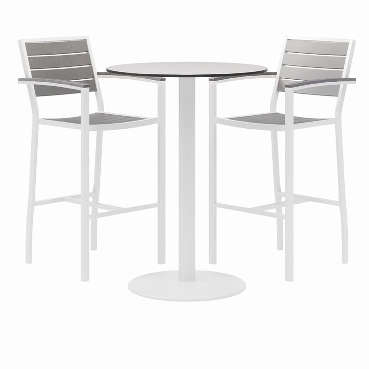KFI STUDIOS 840031918475 Eveleen Outdoor Bistro Patio Table, Two Gray Powder-Coated Polymer Barstools, Round, 30" Dia x 41h, White
