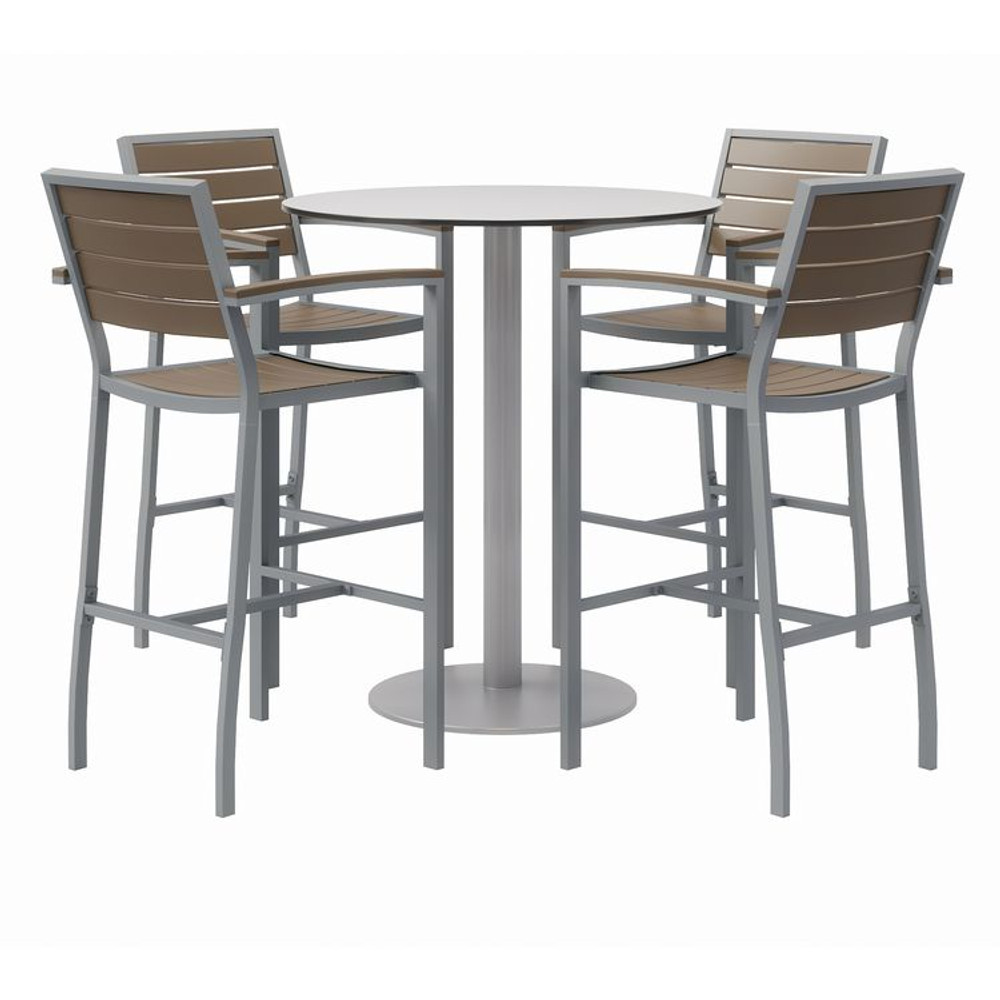 KFI STUDIOS 840031918505 Eveleen Outdoor Bistro Patio Table with Four Mocha Powder-Coated Polymer Barstools, Round, 41"h, Gray