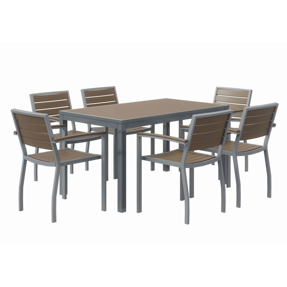 KFI STUDIOS 840031918529 Eveleen Outdoor Patio Table with Six Mocha Powder-Coated Polymer Chairs, 32 x 55 x 29, Mocha