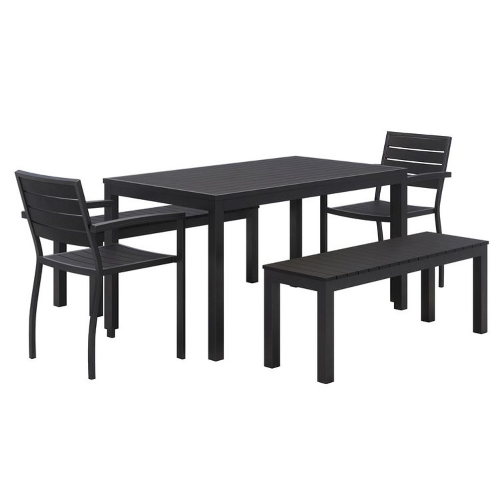 KFI STUDIOS 840031925152 Eveleen Outdoor Patio Table with Two Black Powder-Coated Polymer Chairs and Two Benches, 32 x 55, Gray