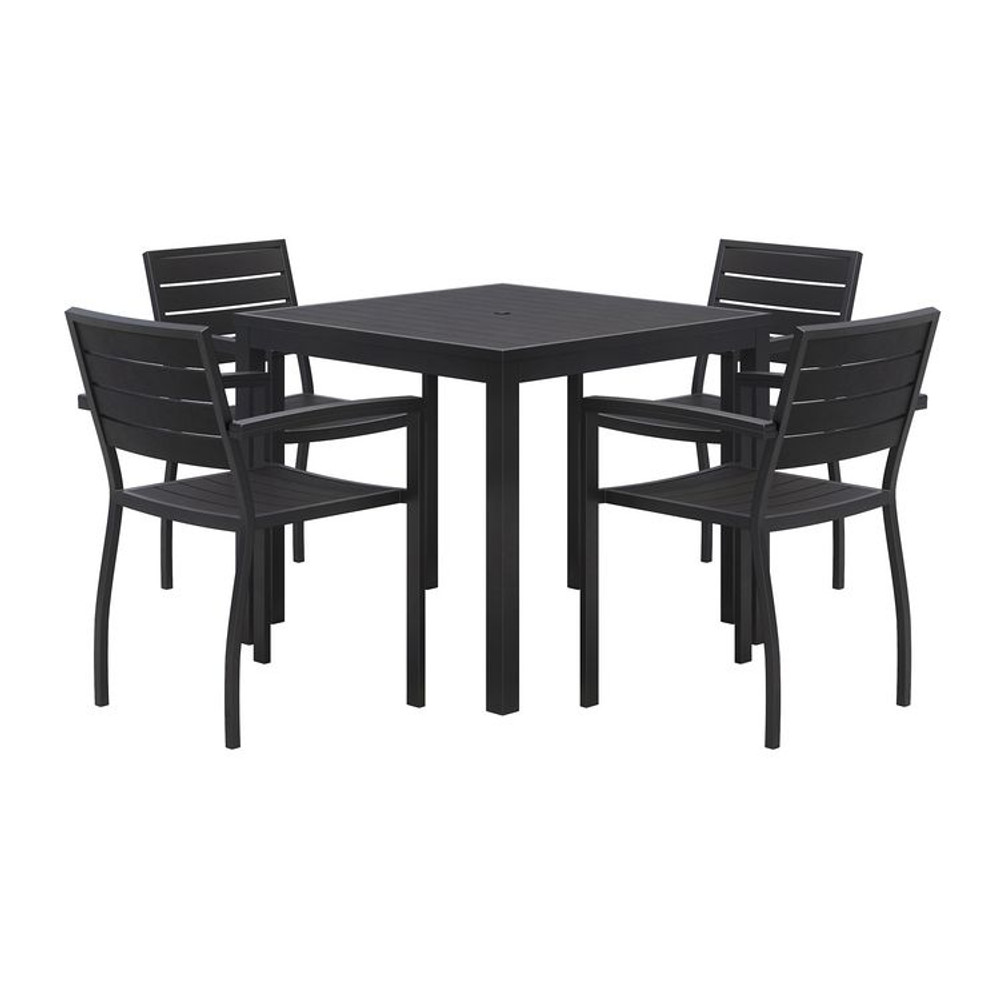 KFI STUDIOS 840031925183 Eveleen Outdoor Patio Table with Four Black Powder-Coated Polymer Chairs, Square, 35", Black
