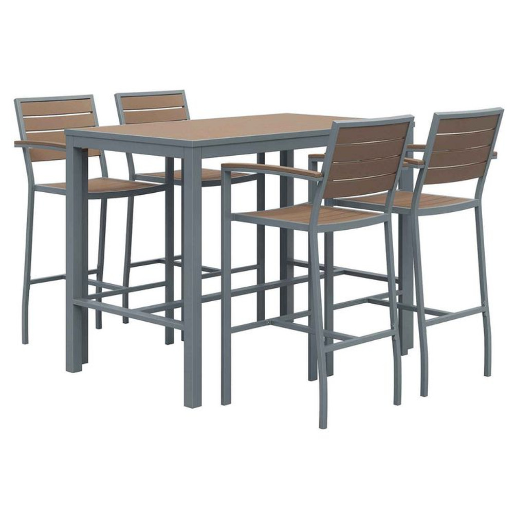 KFI STUDIOS 840031925190 Eveleen Outdoor Bistro Patio Table with Four Mocha Powder-Coated Polymer Barstools, 32 x 55, Mocha