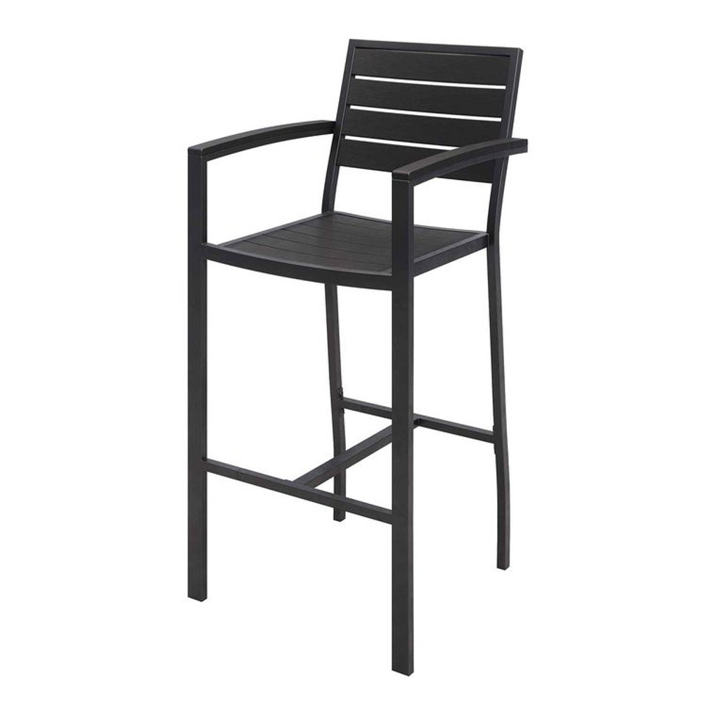 KFI STUDIOS 840031925213 Eveleen Outdoor Bistro Patio Table with Four Black Powder-Coated Polymer Barstools, 32 x 55, Black