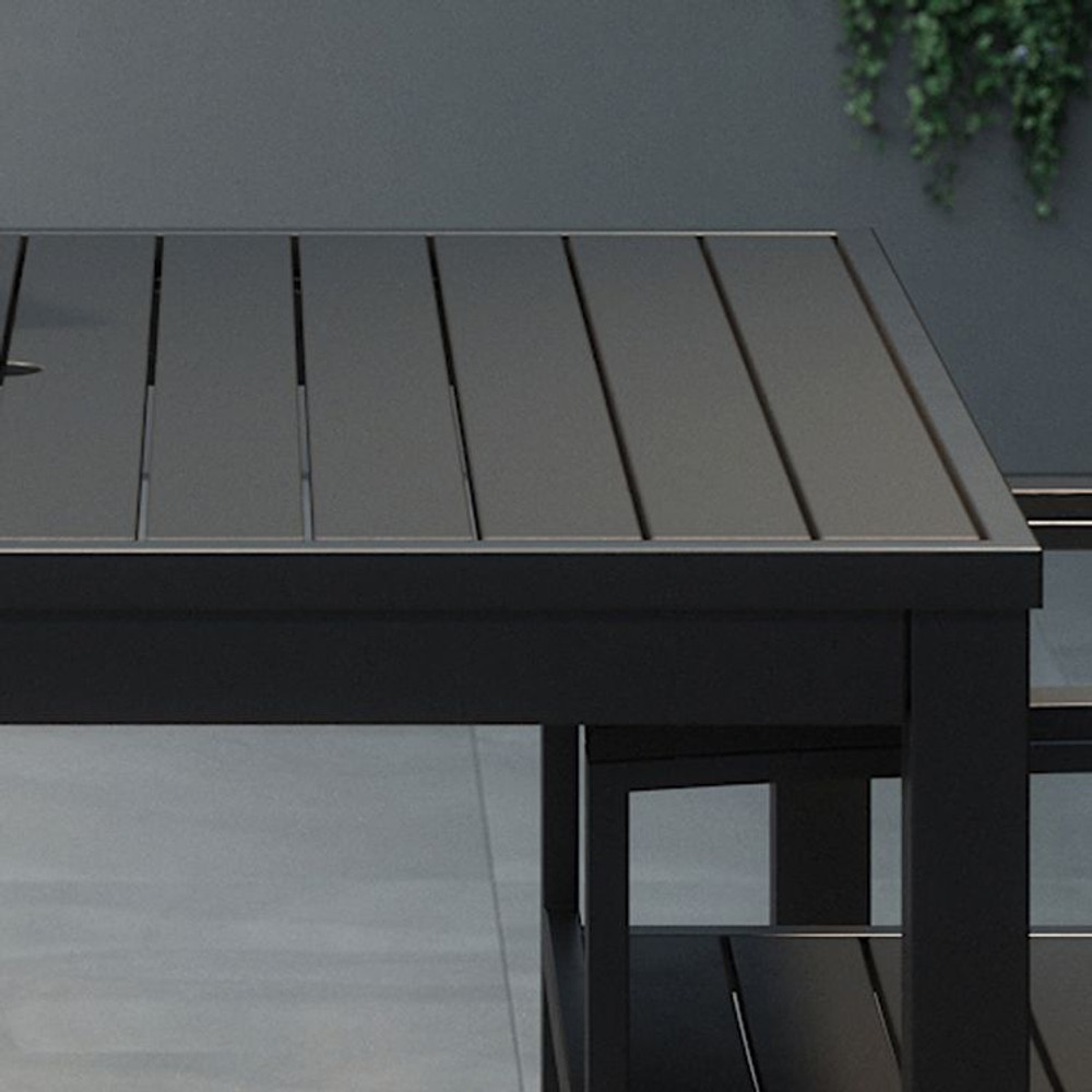 KFI STUDIOS 840031925213 Eveleen Outdoor Bistro Patio Table with Four Black Powder-Coated Polymer Barstools, 32 x 55, Black