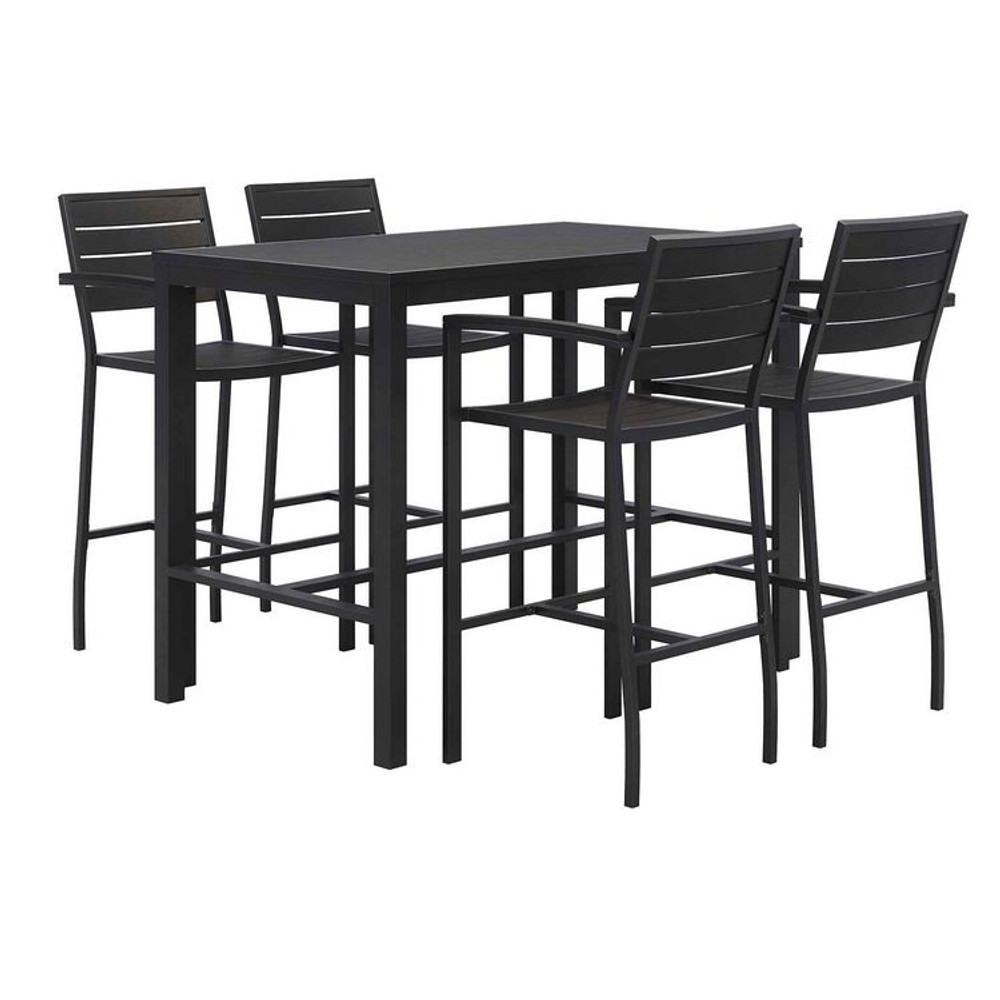 KFI STUDIOS 840031925213 Eveleen Outdoor Bistro Patio Table with Four Black Powder-Coated Polymer Barstools, 32 x 55, Black