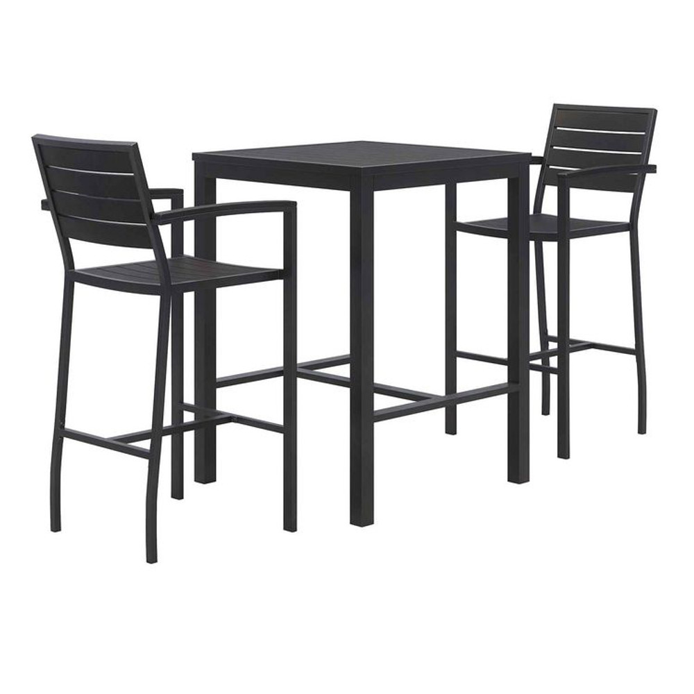 KFI STUDIOS 840031925275 Eveleen Outdoor Bistro Patio Table with Two Black Powder-Coated Polymer Barstools, 30" Square, Black