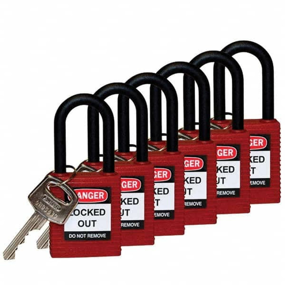 Brady 123351 Lockout Padlock: Keyed Different, Key Retaining, Nylon, Nylon Shackle, Red