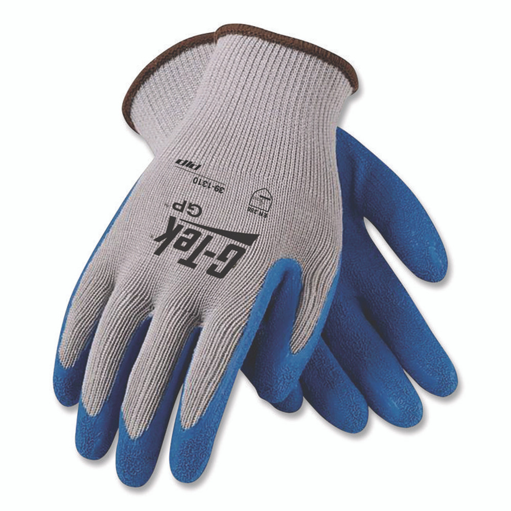 PROTECTIVE INDUSTRIAL PRODUCTS INC G-Tek® 391310L GP Latex-Coated Cotton/Polyester Gloves, EN388: 1111, 10" Long, Large, Gray/Blue, 12 Pairs