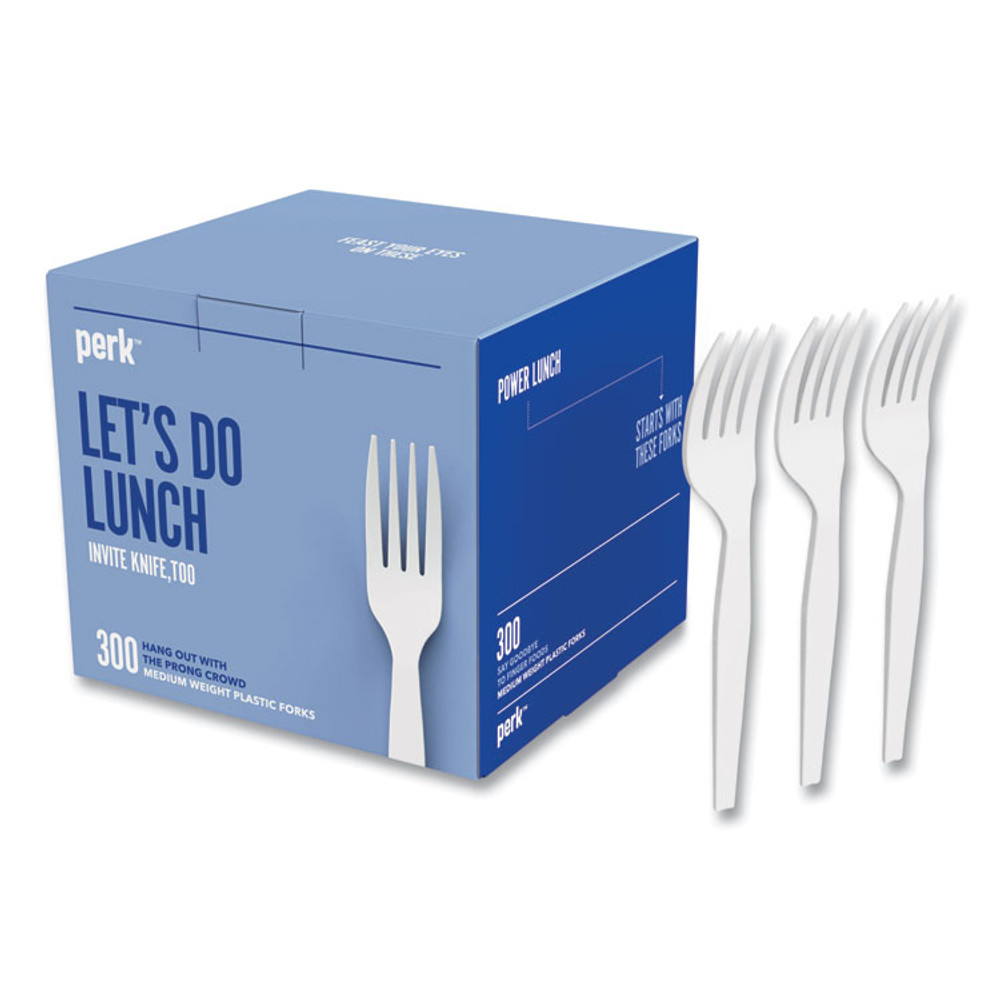 PERK 24394114 Eco-ID Mediumweight Compostable Cutlery, Fork, Plastic, White, 300/Pack