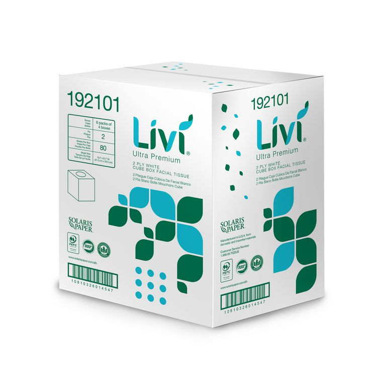SOLARIS PAPER Livi® Ultra Premium 192101 Facial Tissue, Cube Box, 2-Ply, White, 80 Sheets/Box, 4 Boxes/Pack, 6 Packs/Carton