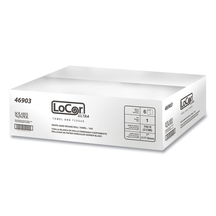 SOLARIS PAPER LoCor® 46903 Hard Wound Roll Towel, TAD, 1-Ply, 7" x 700 ft, White, 6 Rolls/Carton